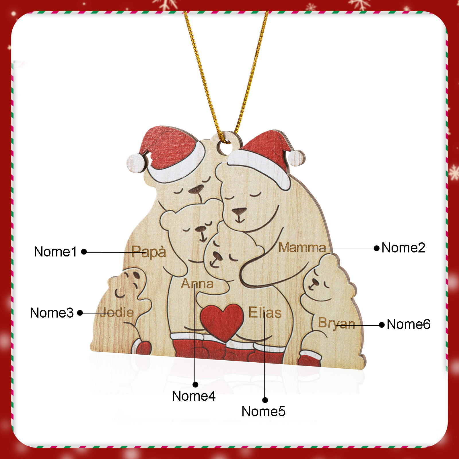 "Famiglia di Orsi"Pendente di Natale Personalizzato in legno per la famiglia 6 Nomi personalizzati