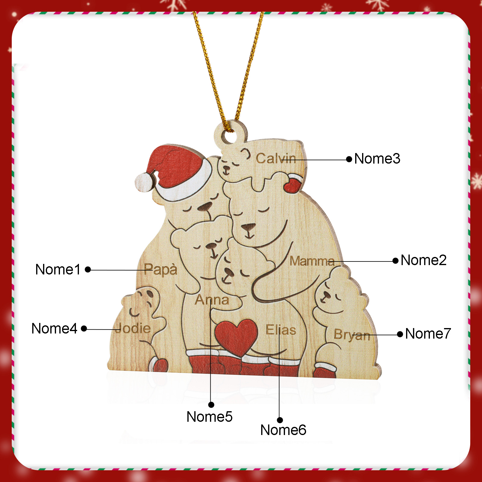 "Famiglia di Orsi"Pendente di Natale Personalizzato in legno per la famiglia 7 Nomi personalizzati