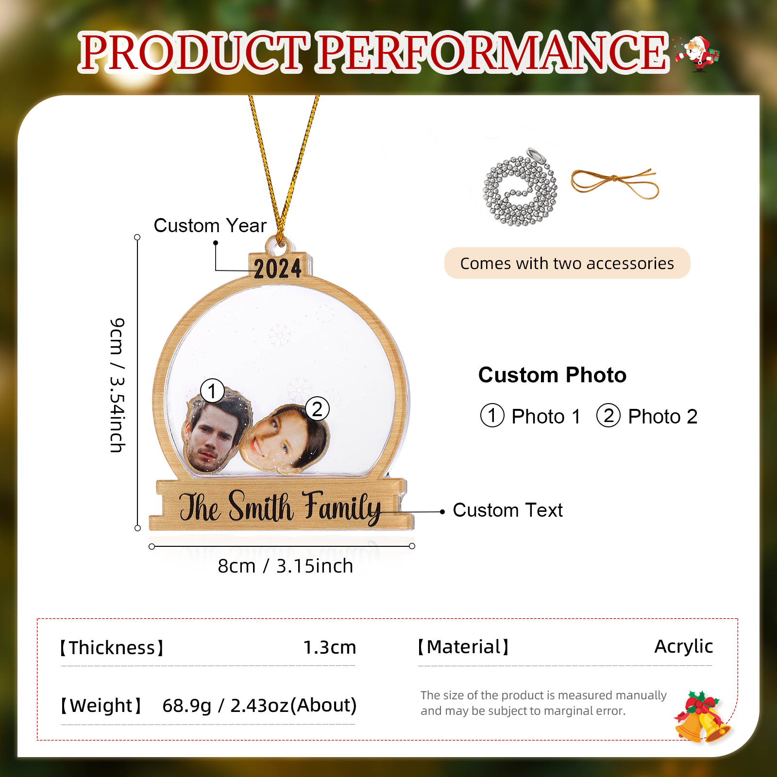 Decorazione Natalizia in Acrilico Personalizza 2-6 Foto, 1 Testo e 1 Data - Design Palla di Neve, Regalo di Natale per Famiglia | Jessemade