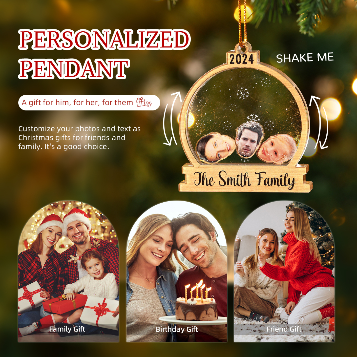 Decorazione Natalizia in Acrilico Personalizza 2-6 Foto, 1 Testo e 1 Data - Design Palla di Neve, Regalo di Natale per Famiglia | Jessemade