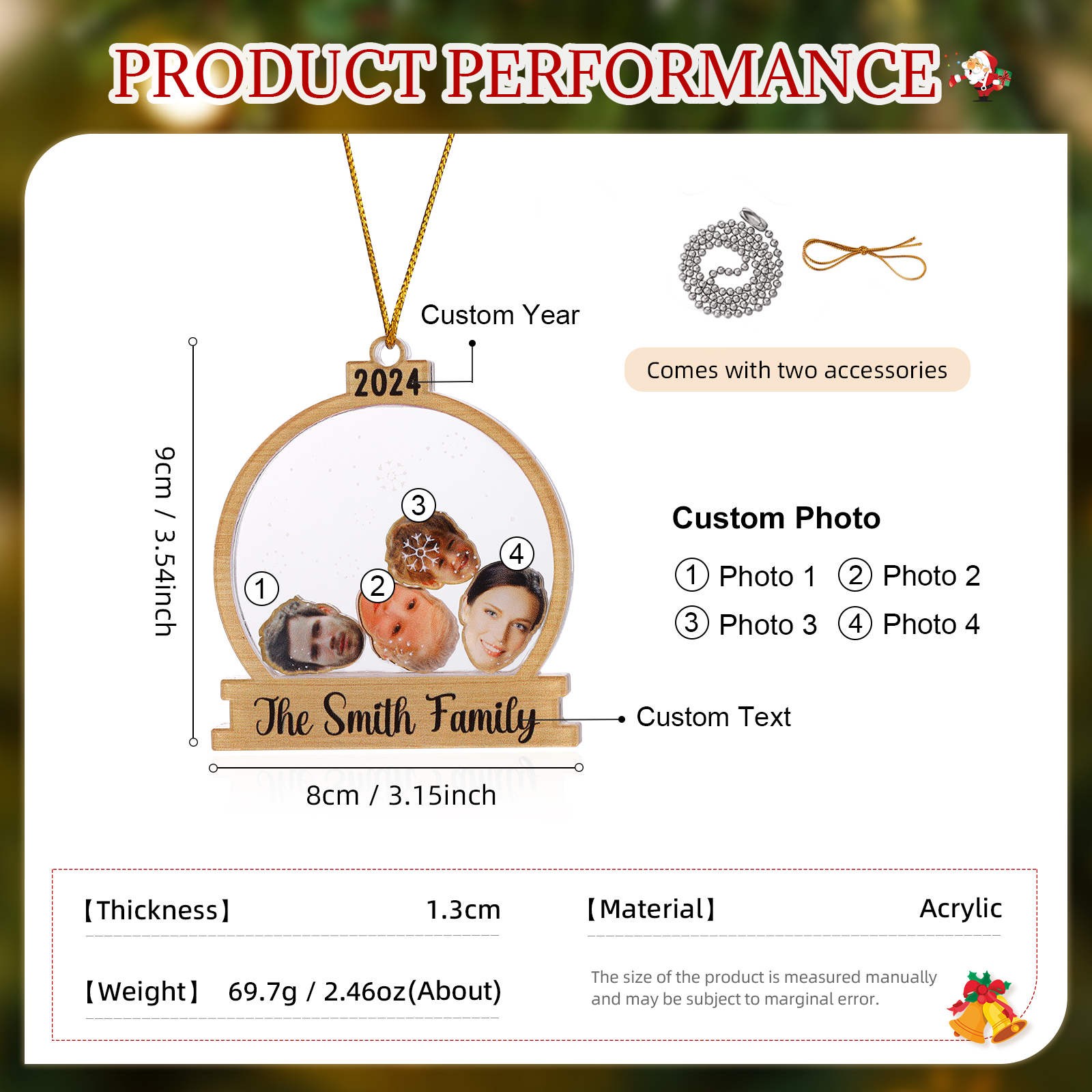 Decorazione Natalizia in Acrilico Personalizza 2-6 Foto, 1 Testo e 1 Data - Design Palla di Neve, Regalo di Natale per Famiglia | Jessemade