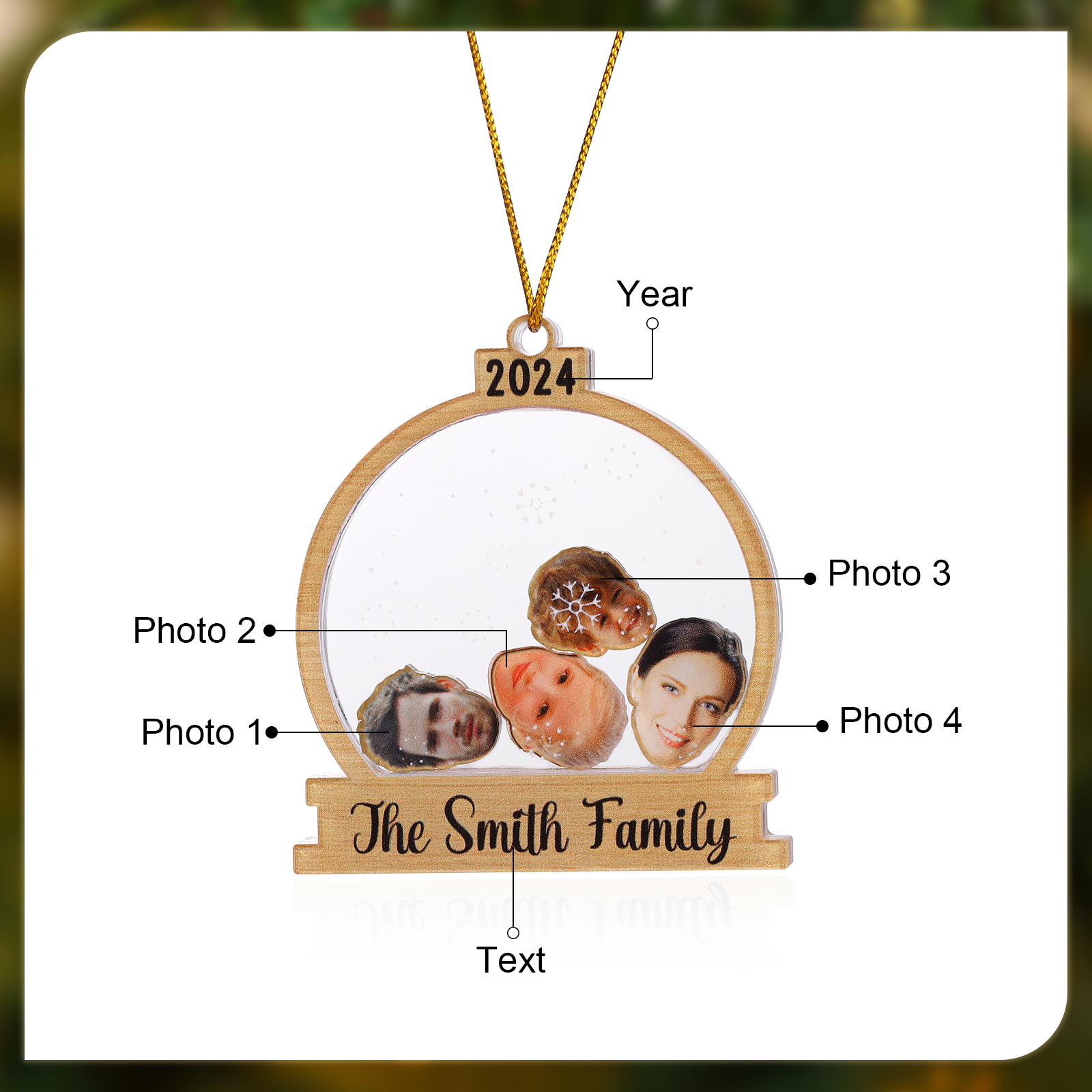 Decorazione Natalizia in Acrilico Personalizza 2-6 Foto, 1 Testo e 1 Data - Design Palla di Neve, Regalo di Natale per Famiglia | Jessemade