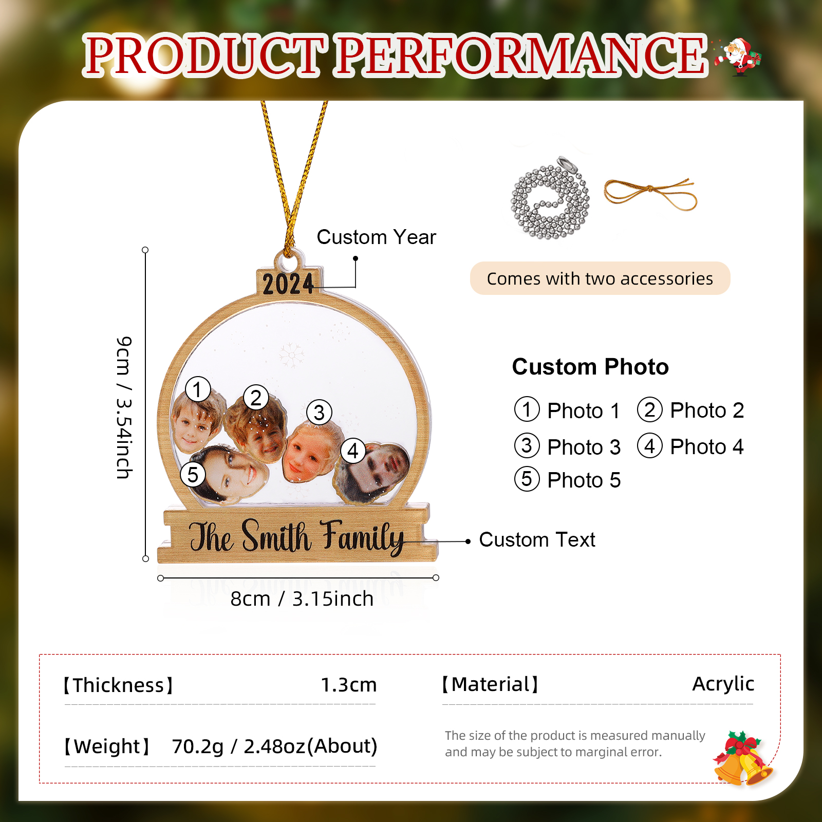 Decorazione Natalizia in Acrilico Personalizza 2-6 Foto, 1 Testo e 1 Data - Design Palla di Neve, Regalo di Natale per Famiglia | Jessemade