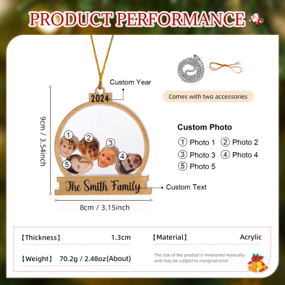 Decorazione Natalizia in Acrilico Personalizza 2-6 Foto, 1 Testo e 1 Data - Design Palla di Neve, Regalo di Natale per Famiglia | Jessemade