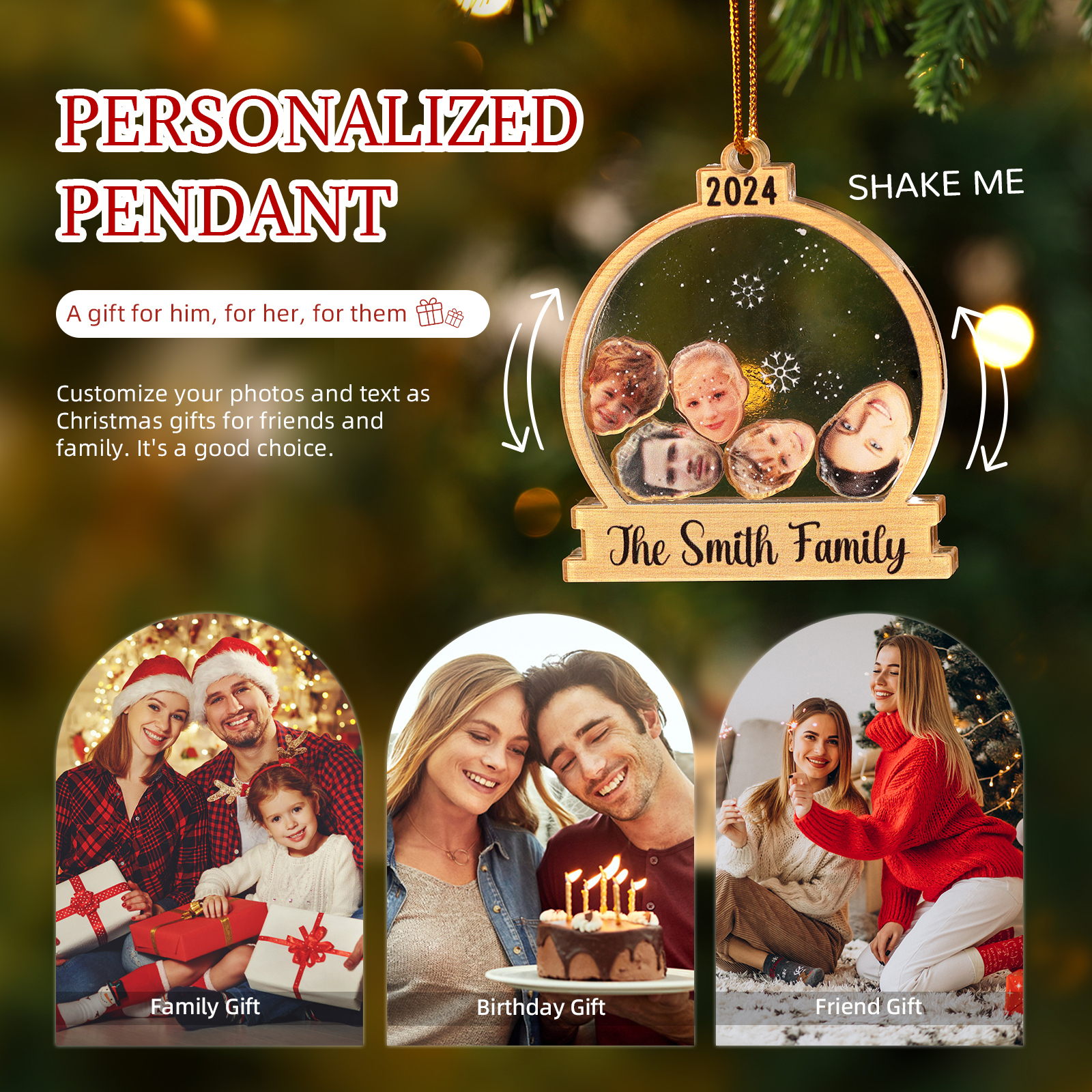 Decorazione Natalizia in Acrilico Personalizza 2-6 Foto, 1 Testo e 1 Data - Design Palla di Neve, Regalo di Natale per Famiglia | Jessemade