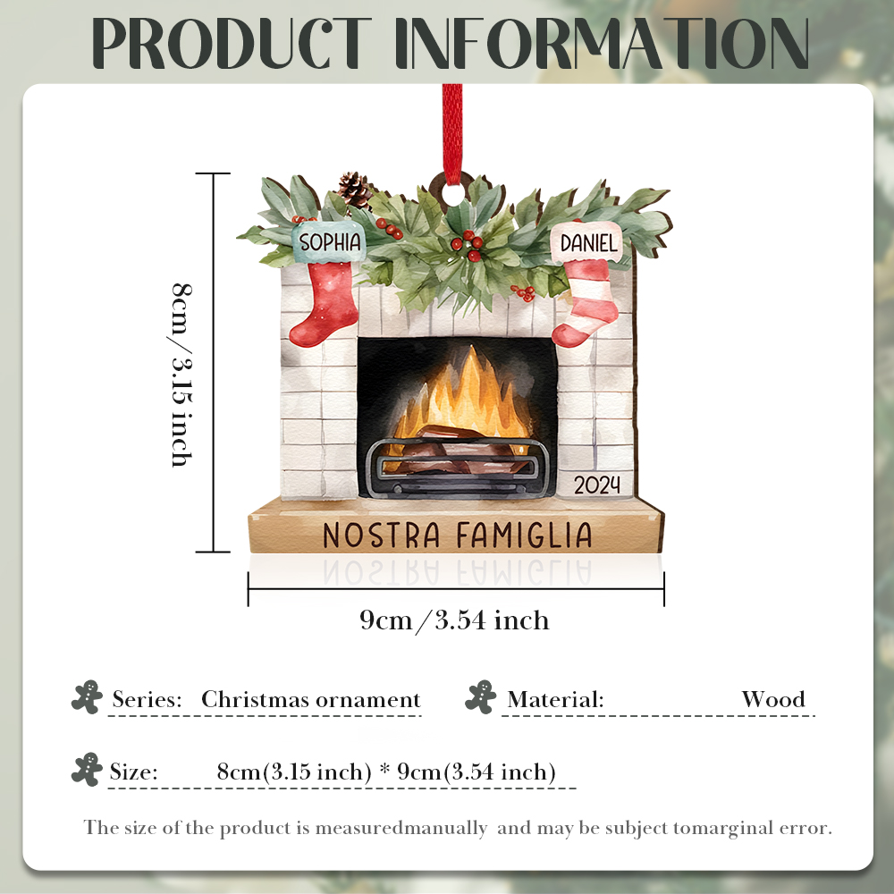 "Fornello Caldo" Pendente di Natale Personalizzato in legno per la famiglia 2 Nomi e 1 Testo e 1 Anno personalizzati 