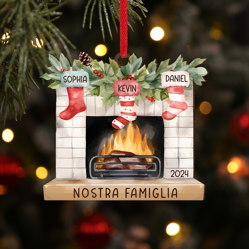 "Fornello Caldo" Pendente di Natale Personalizzato in legno per la famiglia 3 Nomi e 1 Testo e 1 Anno personalizzati 