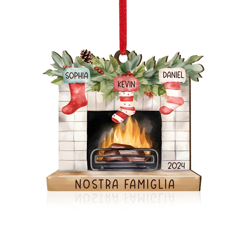 "Fornello Caldo" Pendente di Natale Personalizzato in legno per la famiglia 3 Nomi e 1 Testo e 1 Anno personalizzati 