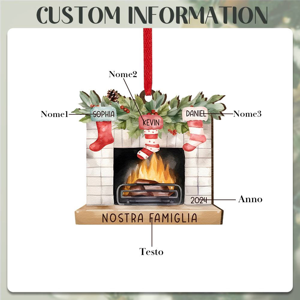 "Fornello Caldo" Pendente di Natale Personalizzato in legno per la famiglia 3 Nomi e 1 Testo e 1 Anno personalizzati 