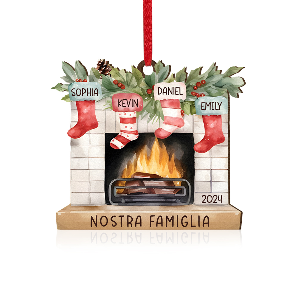 "Fornello Caldo" Pendente di Natale Personalizzato in legno per la famiglia 4 Nomi e 1 Testo e 1 Anno personalizzati 