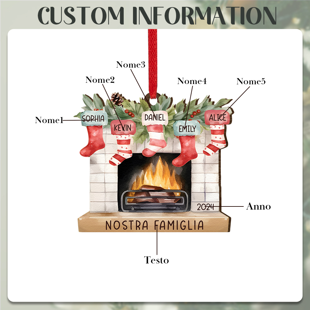 "Fornello Caldo" Pendente di Natale Personalizzato in legno per la famiglia 5 Nomi e 1 Testo e 1 Anno personalizzati 