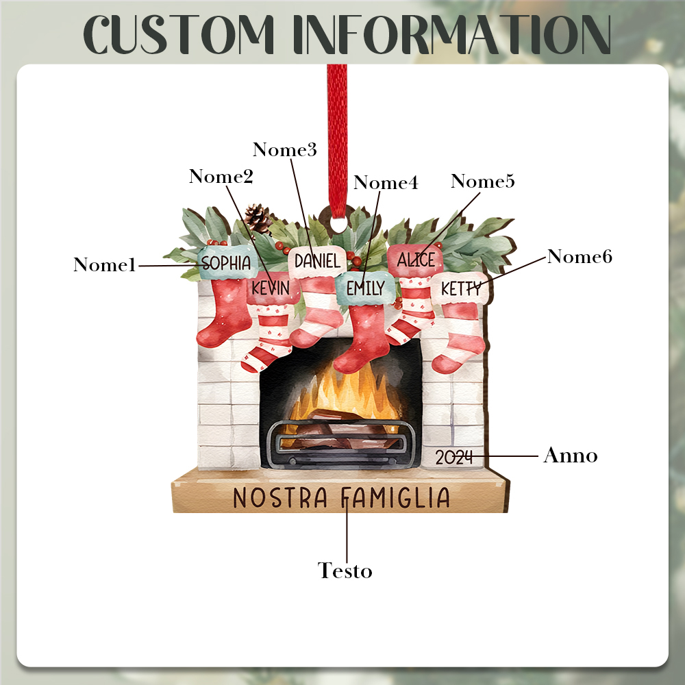 "Fornello Caldo" Pendente di Natale Personalizzato in legno per la famiglia 6 Nomi e 1 Testo e 1 Anno personalizzati 
