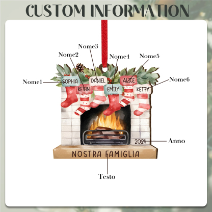 "Fornello Caldo" Pendente di Natale Personalizzato in legno per la famiglia 6 Nomi e 1 Testo e 1 Anno personalizzati 