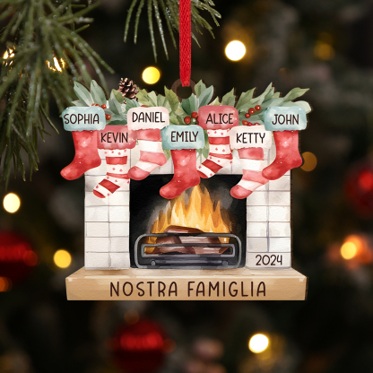 "Fornello Caldo" Pendente di Natale Personalizzato in legno per la famiglia 7 Nomi e 1 Testo e 1 Anno personalizzati 