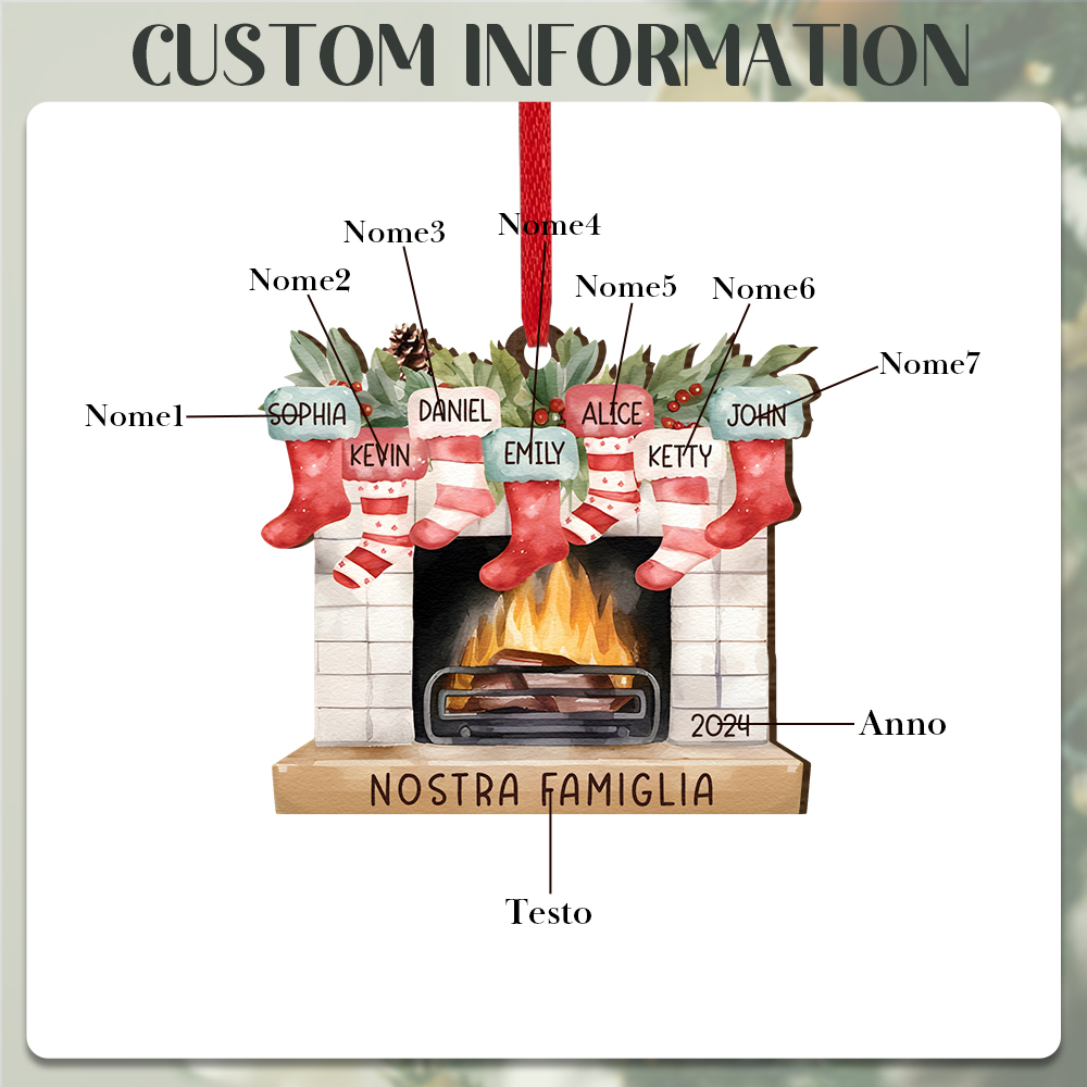 "Fornello Caldo" Pendente di Natale Personalizzato in legno per la famiglia 7 Nomi e 1 Testo e 1 Anno personalizzati 