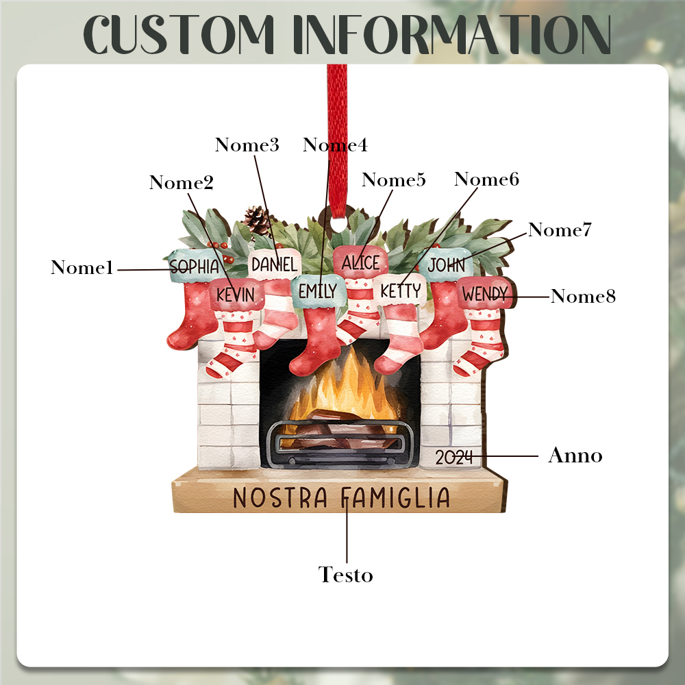 "Fornello Caldo" Pendente di Natale Personalizzato in legno per la famiglia 8 Nomi e 1 Testo e 1 Anno personalizzati 
