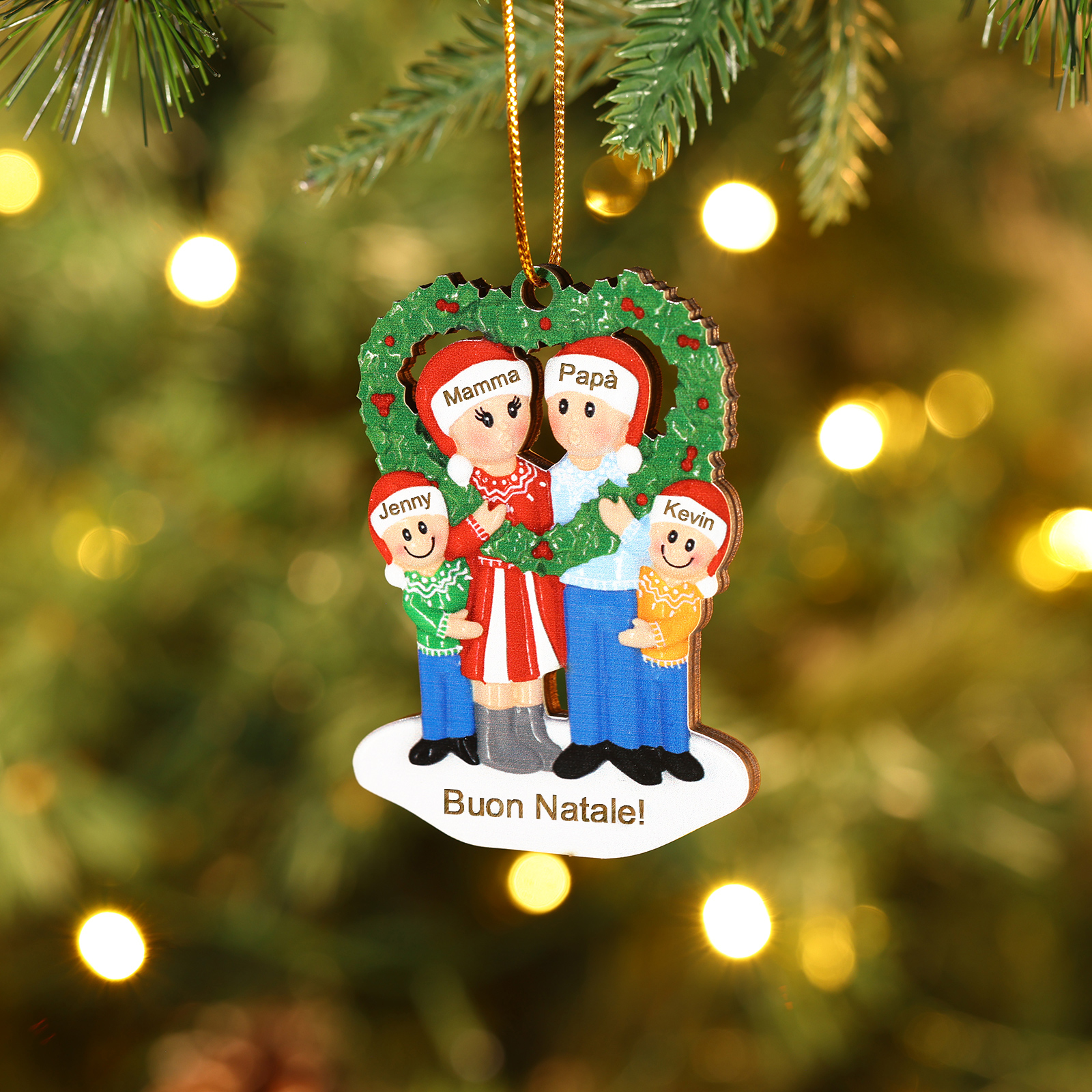 "Casa nostra"Pendente di Natale Personalizzato in legno per la famiglia 4 Nomi e 1 Testo personalizzati 