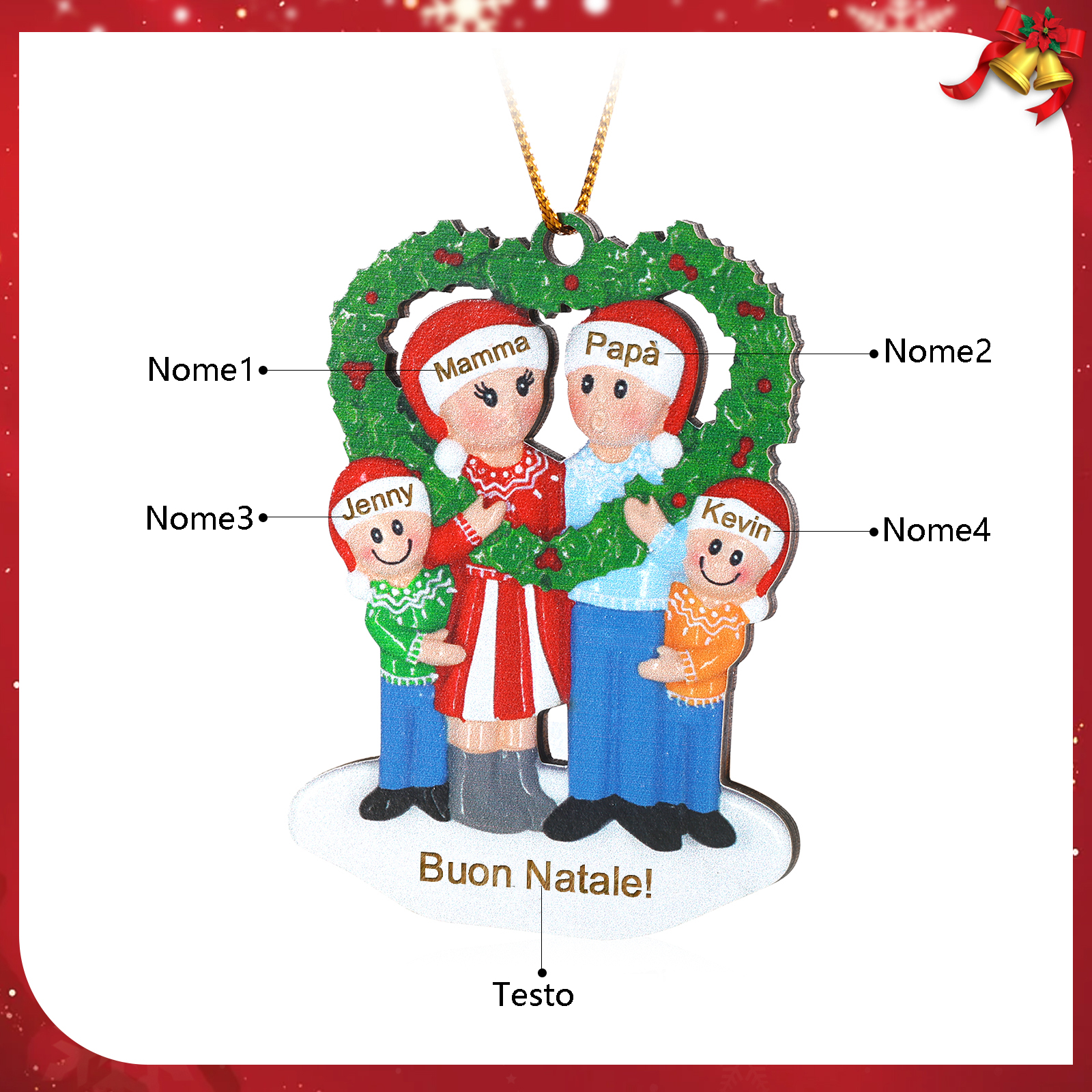 "Casa nostra"Pendente di Natale Personalizzato in legno per la famiglia 4 Nomi e 1 Testo personalizzati 