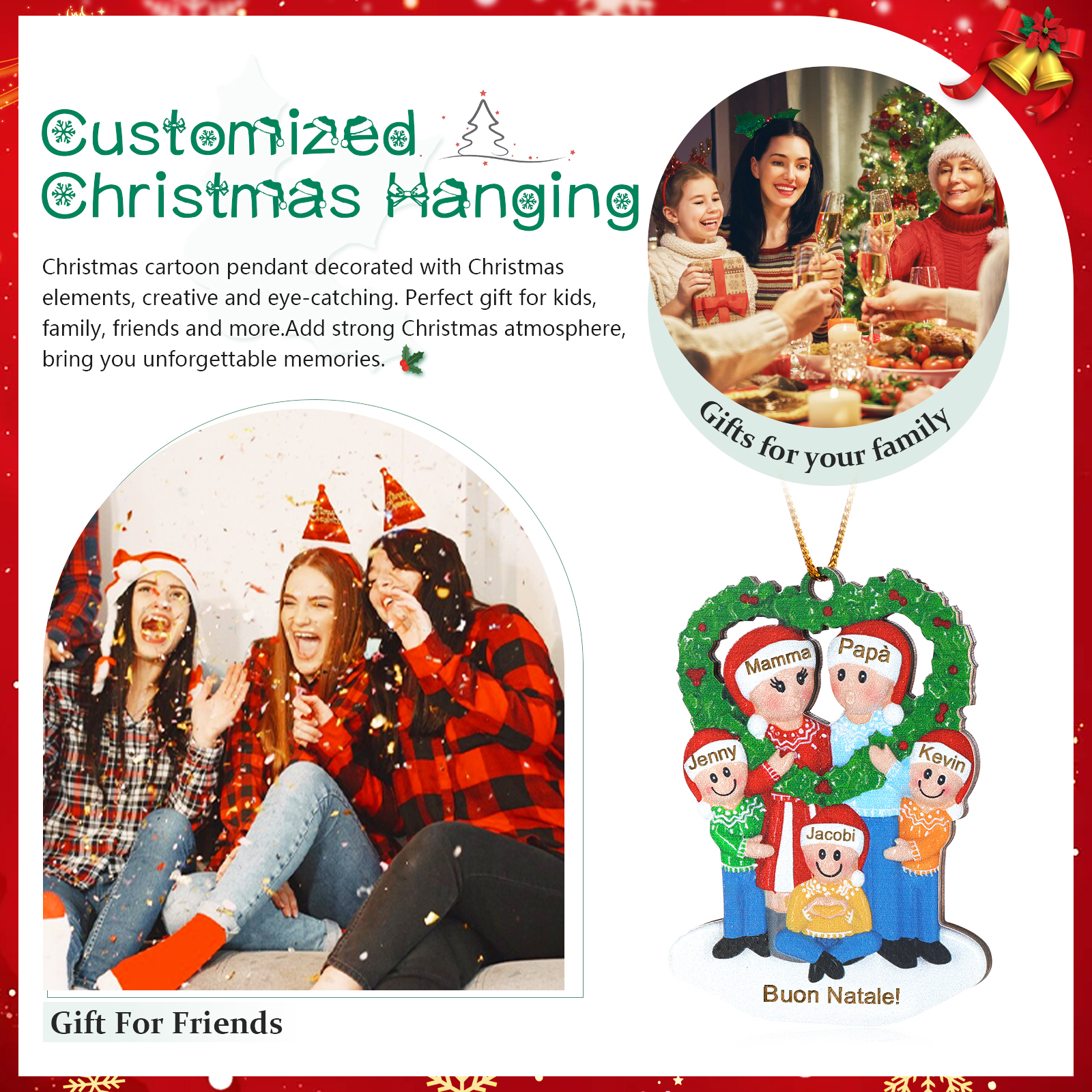 "Casa nostra"Pendente di Natale Personalizzato in legno per la famiglia 5 Nomi e 1 Testo personalizzati 