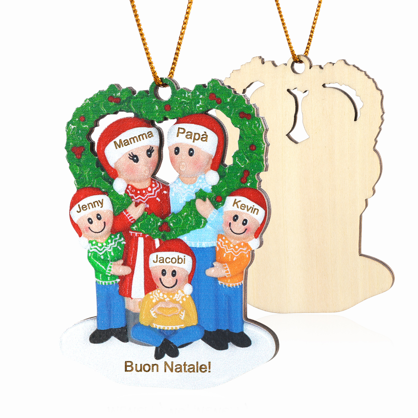 Pendente natalizio per la famiglia a forma di Ghirlanda di cuore in legno con 3-5 nomi personalizzati e 1 testo regalo di Natale per la famiglia | Jessemade