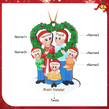 Pendente natalizio per la famiglia a forma di Ghirlanda di cuore in legno con 3-5 nomi personalizzati e 1 testo regalo di Natale per la famiglia | Jessemade