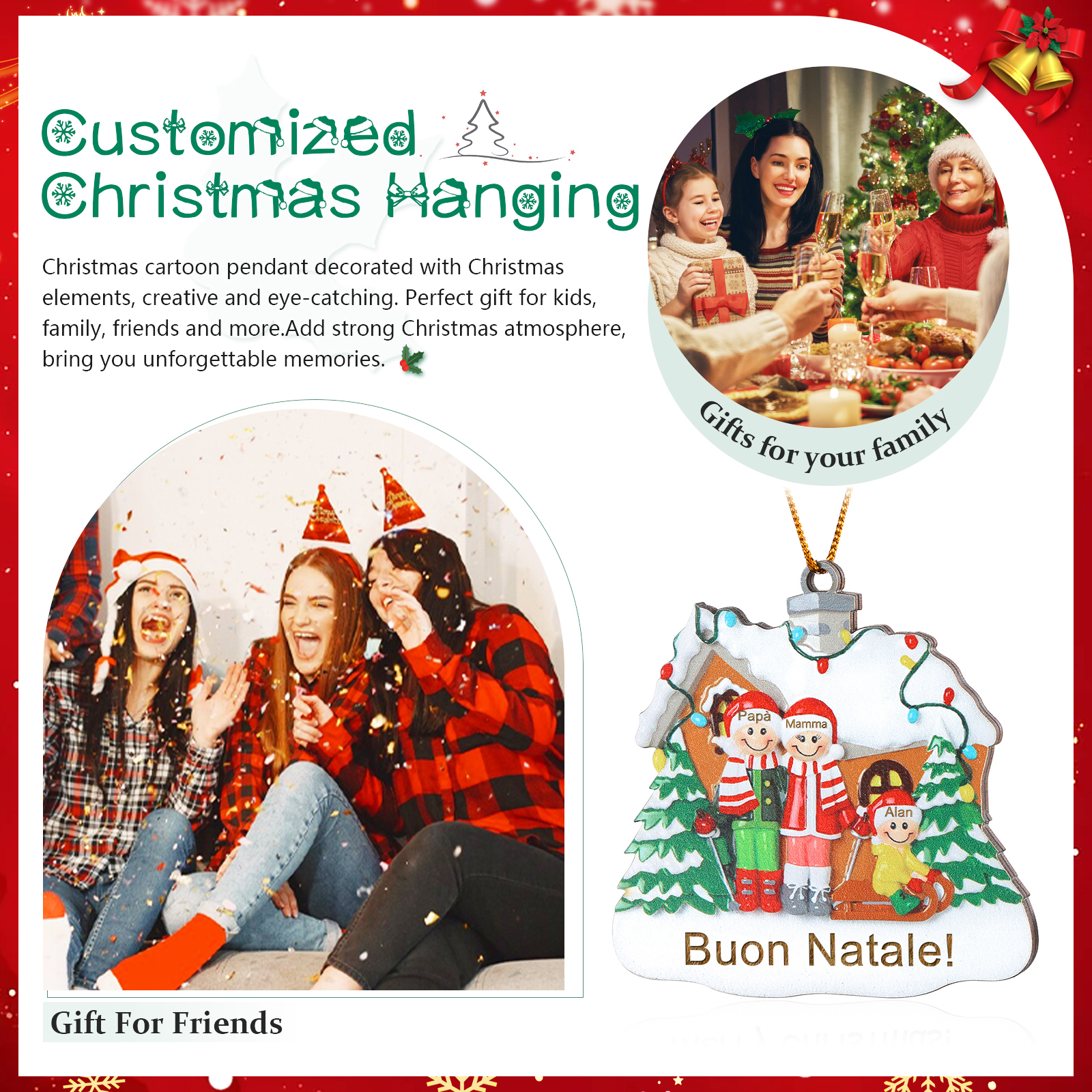 Pendente di Natale Personalizzato in legno per Famiglia 3 Nomi e 1 Testo personalizzati Decorazione Speciale