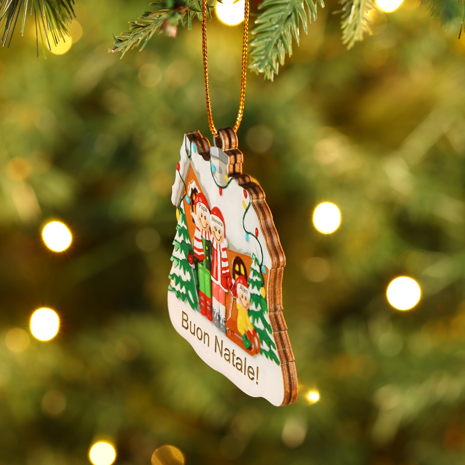 Pendente di Natale Personalizzato in legno per Famiglia 3 Nomi e 1 Testo personalizzati Decorazione Speciale