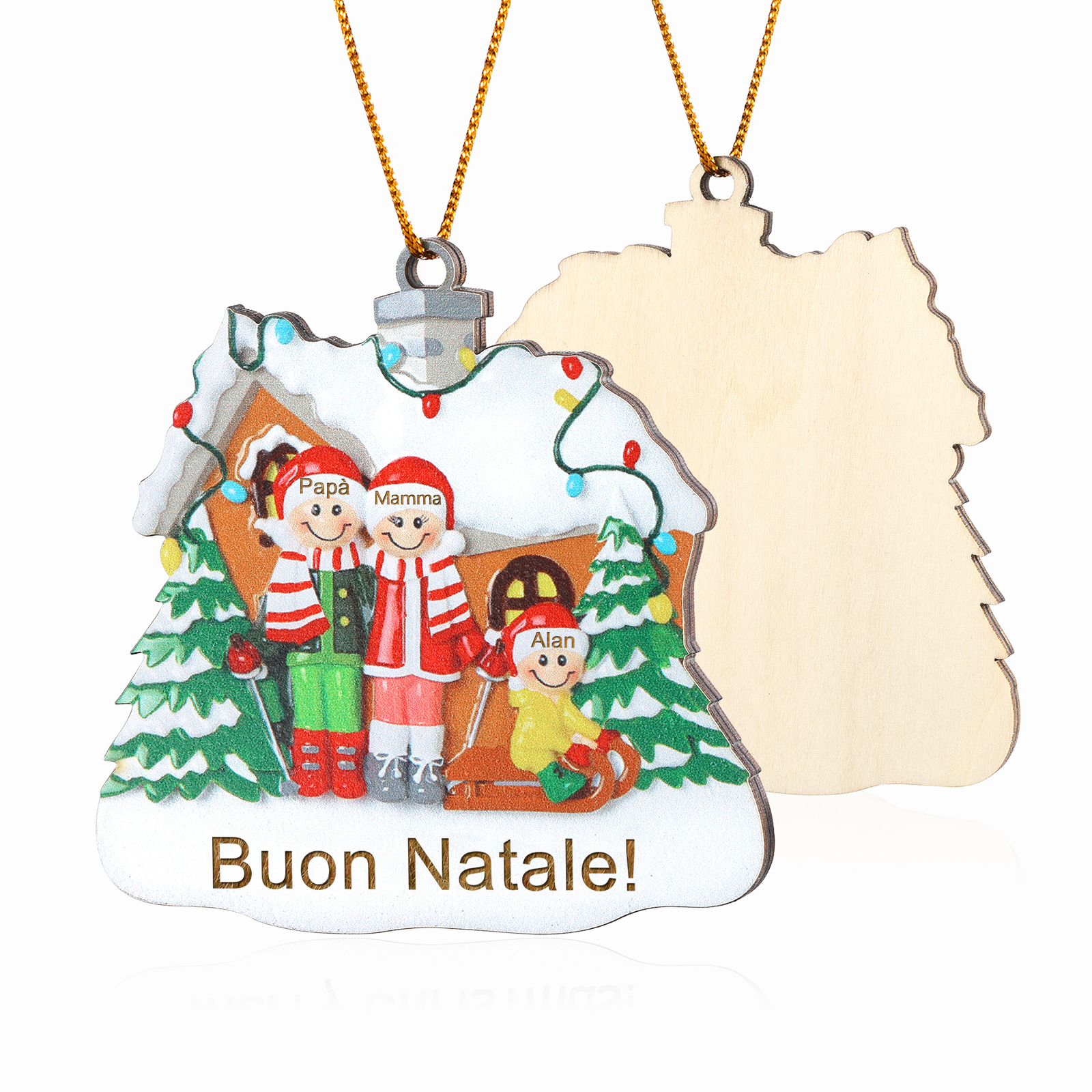 Pendente di Natale Personalizzato in legno per Famiglia 3 Nomi e 1 Testo personalizzati Decorazione Speciale