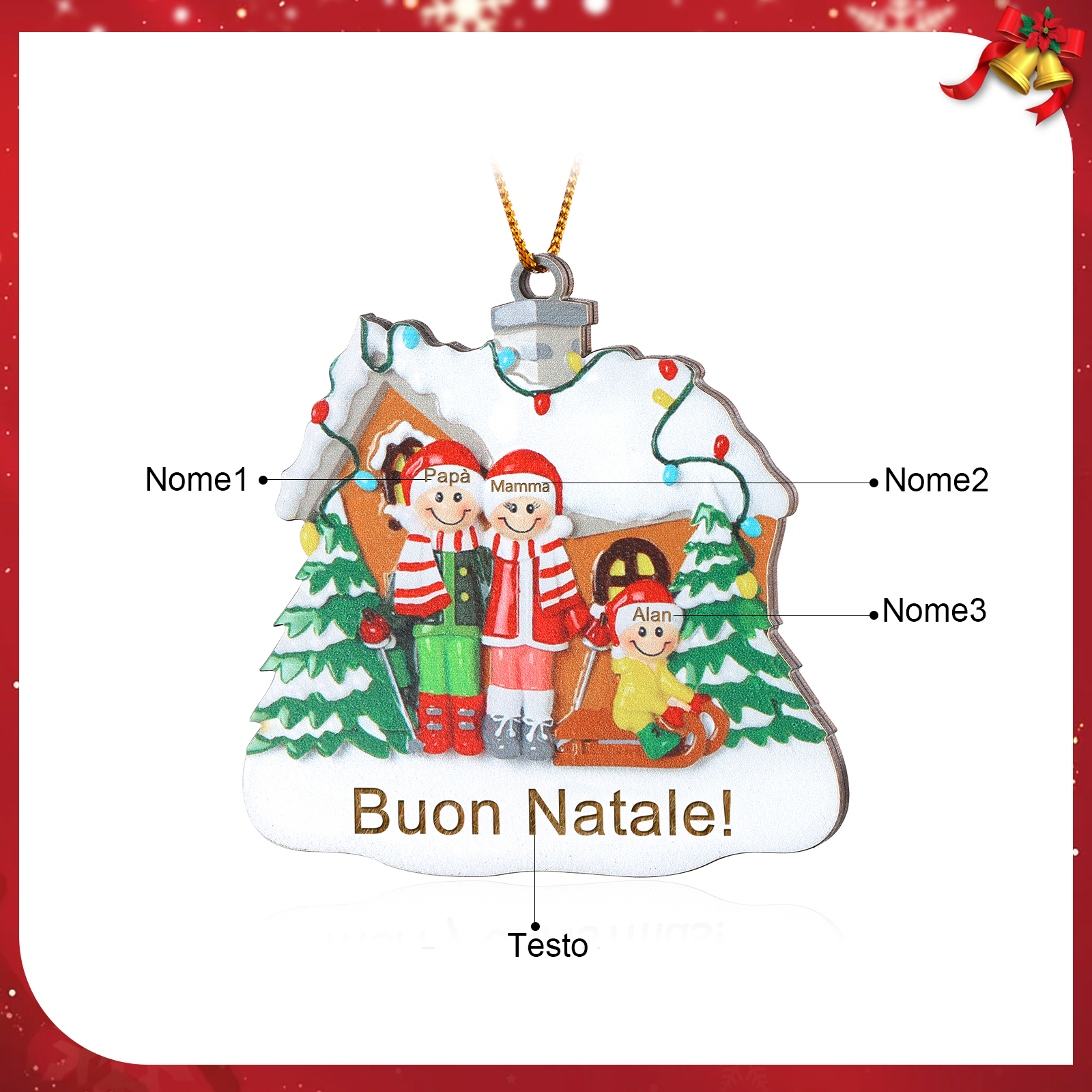 Pendente di Natale Personalizzato in legno per Famiglia 3 Nomi e 1 Testo personalizzati Decorazione Speciale