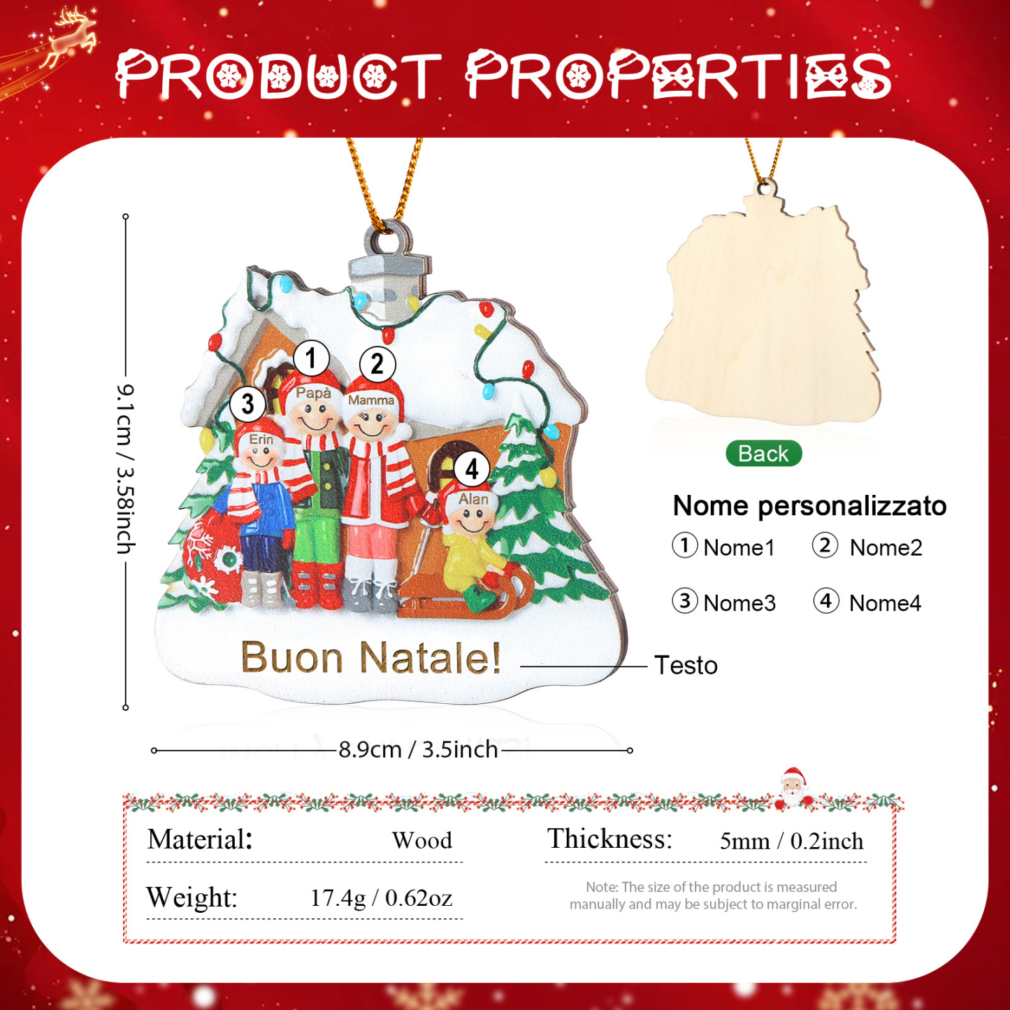 Pendente di Natale Personalizzato in legno per Famiglia 4 Nomi e 1 Testo personalizzati Decorazione Speciale