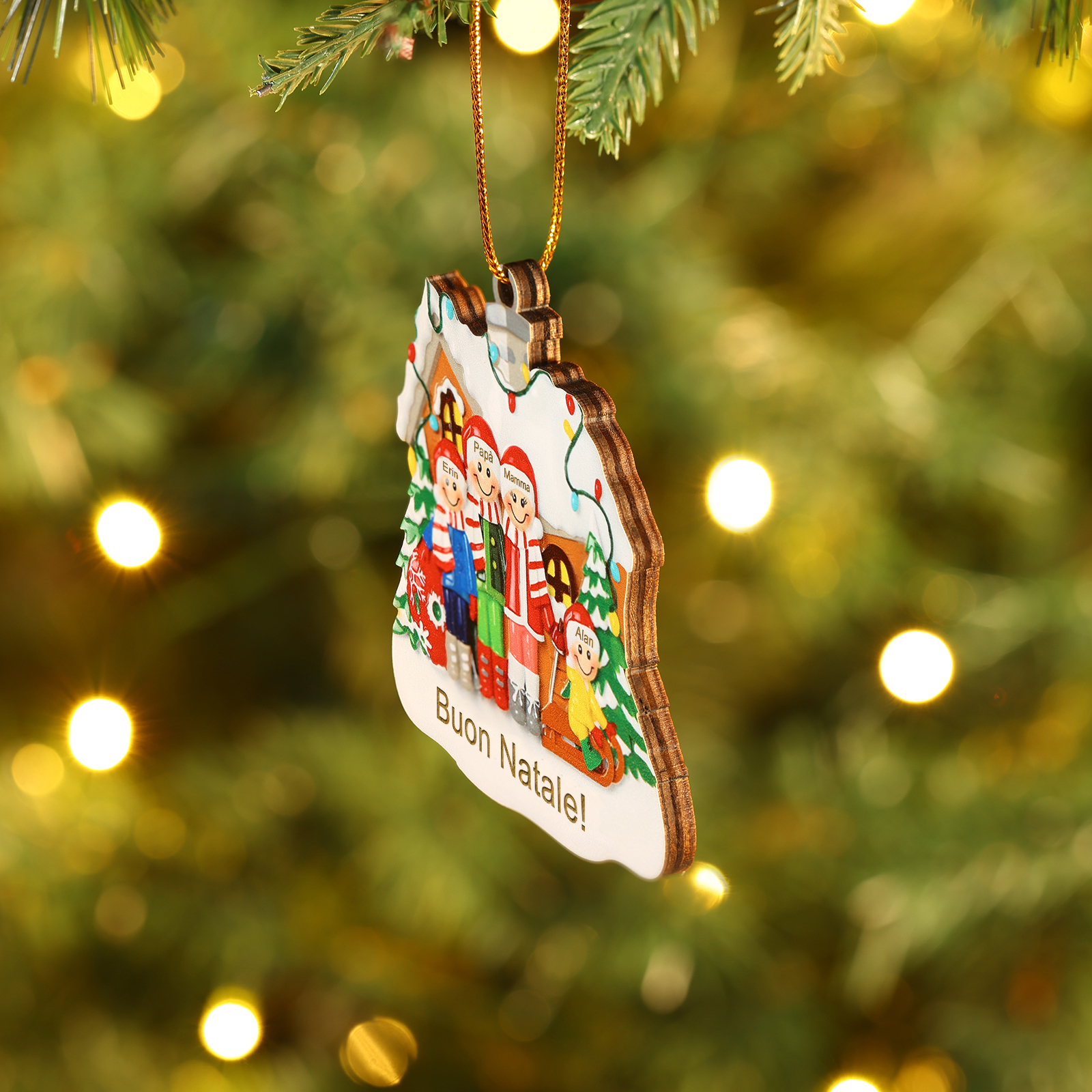 Pendente di Natale Personalizzato in legno per Famiglia 4 Nomi e 1 Testo personalizzati Decorazione Speciale