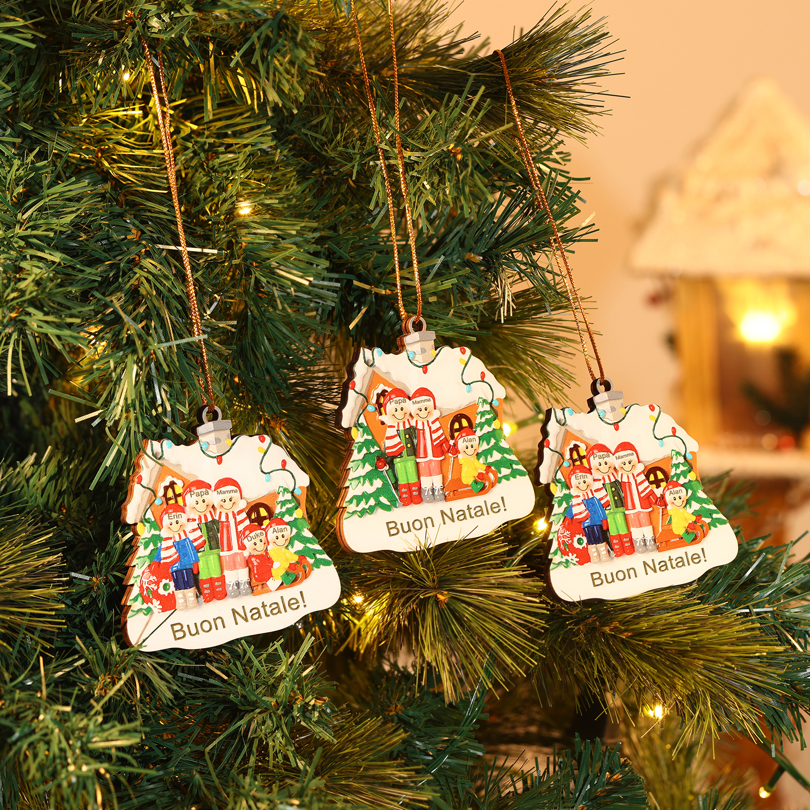 Pendente di Natale Personalizzato in legno per Famiglia 4 Nomi e 1 Testo personalizzati Decorazione Speciale