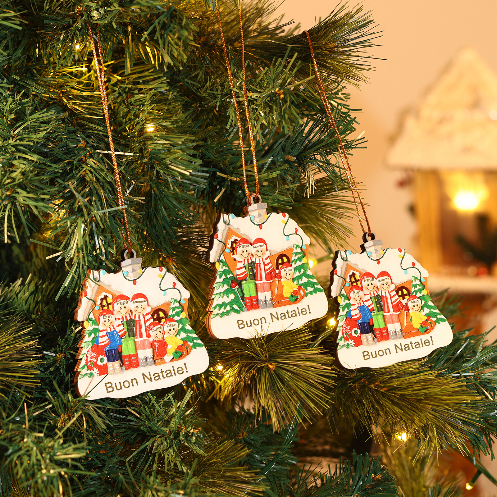 Pendente di Natale Personalizzato in legno per Famiglia 4 Nomi e 1 Testo personalizzati Decorazione Speciale