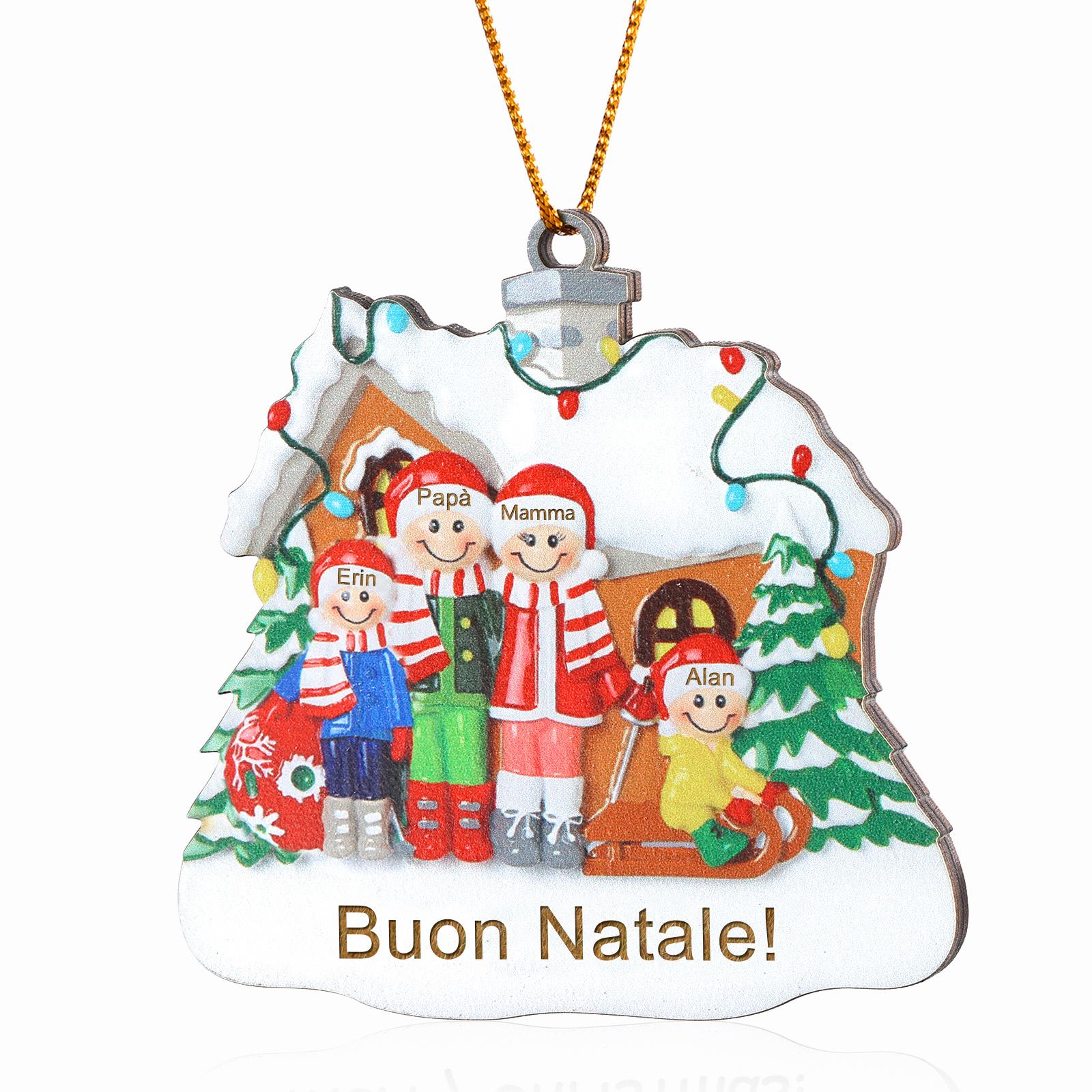 Pendente di Natale Personalizzato in legno per Famiglia 4 Nomi e 1 Testo personalizzati Decorazione Speciale