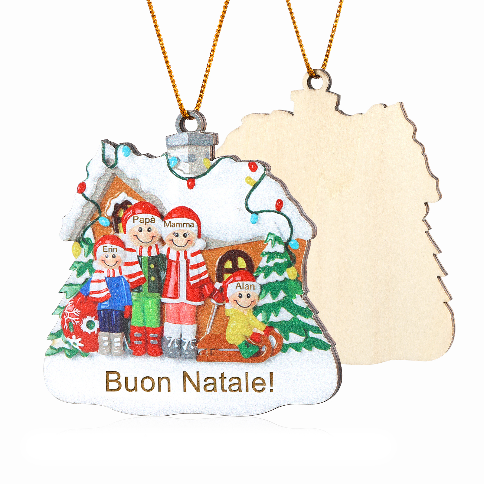 Pendente di Natale Personalizzato in legno per Famiglia 4 Nomi e 1 Testo personalizzati Decorazione Speciale