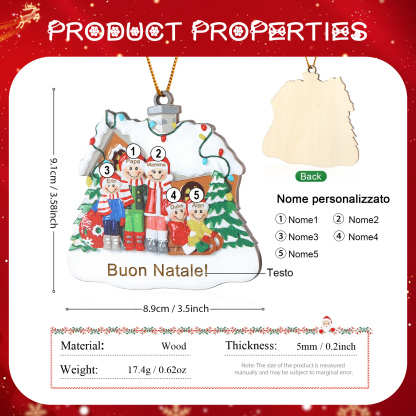Pendente di Natale Personalizzato in legno per Famiglia 5 Nomi e 1 Testo personalizzati Decorazione Speciale