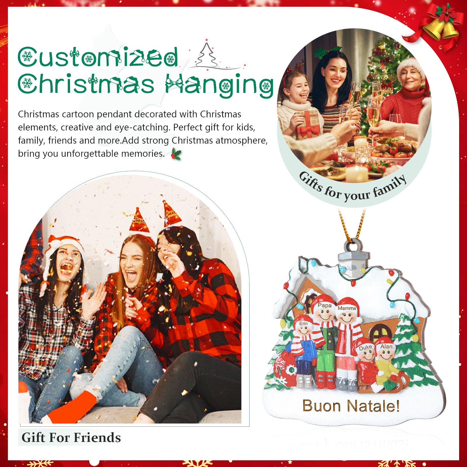 Pendente di Natale Personalizzato in legno per Famiglia 5 Nomi e 1 Testo personalizzati Decorazione Speciale