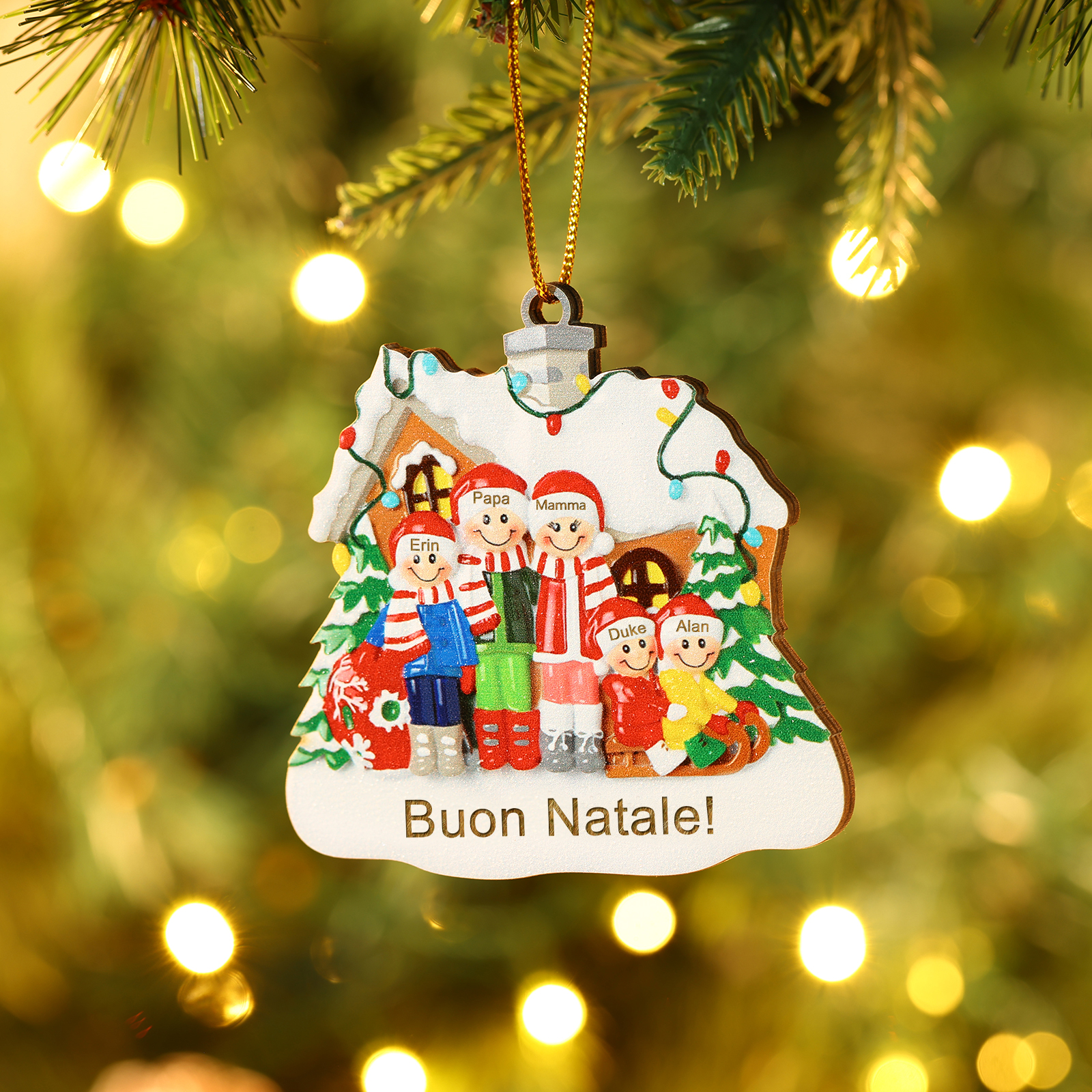 Pendente di Natale Personalizzato in legno per Famiglia 5 Nomi e 1 Testo personalizzati Decorazione Speciale