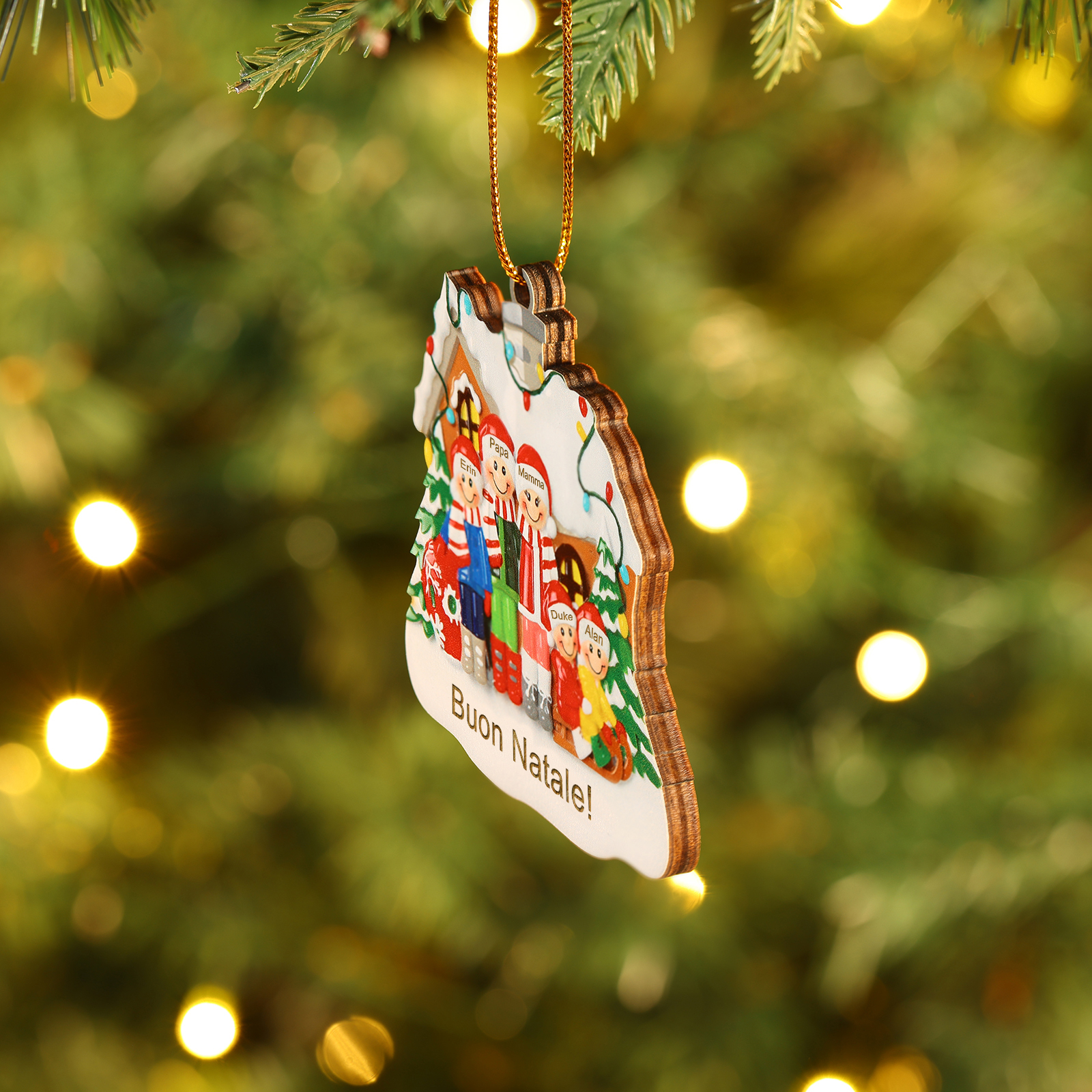 Pendente di Natale Personalizzato in legno per Famiglia 5 Nomi e 1 Testo personalizzati Decorazione Speciale