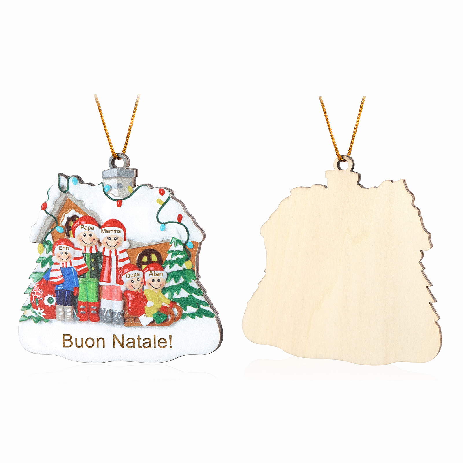 Pendente di Natale Personalizzato in legno per Famiglia 5 Nomi e 1 Testo personalizzati Decorazione Speciale