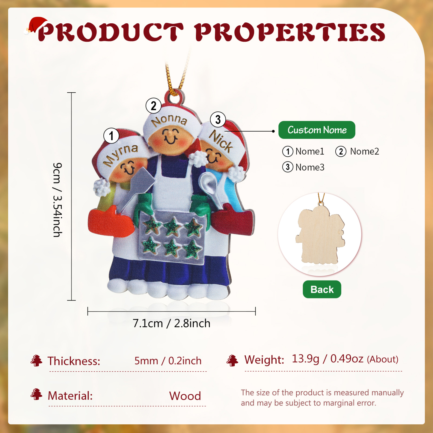 "Mia Nonna è la migliore cuoca " Pendente di Natale Personalizzato in legno per la nonna 3 Nomi personalizzati 