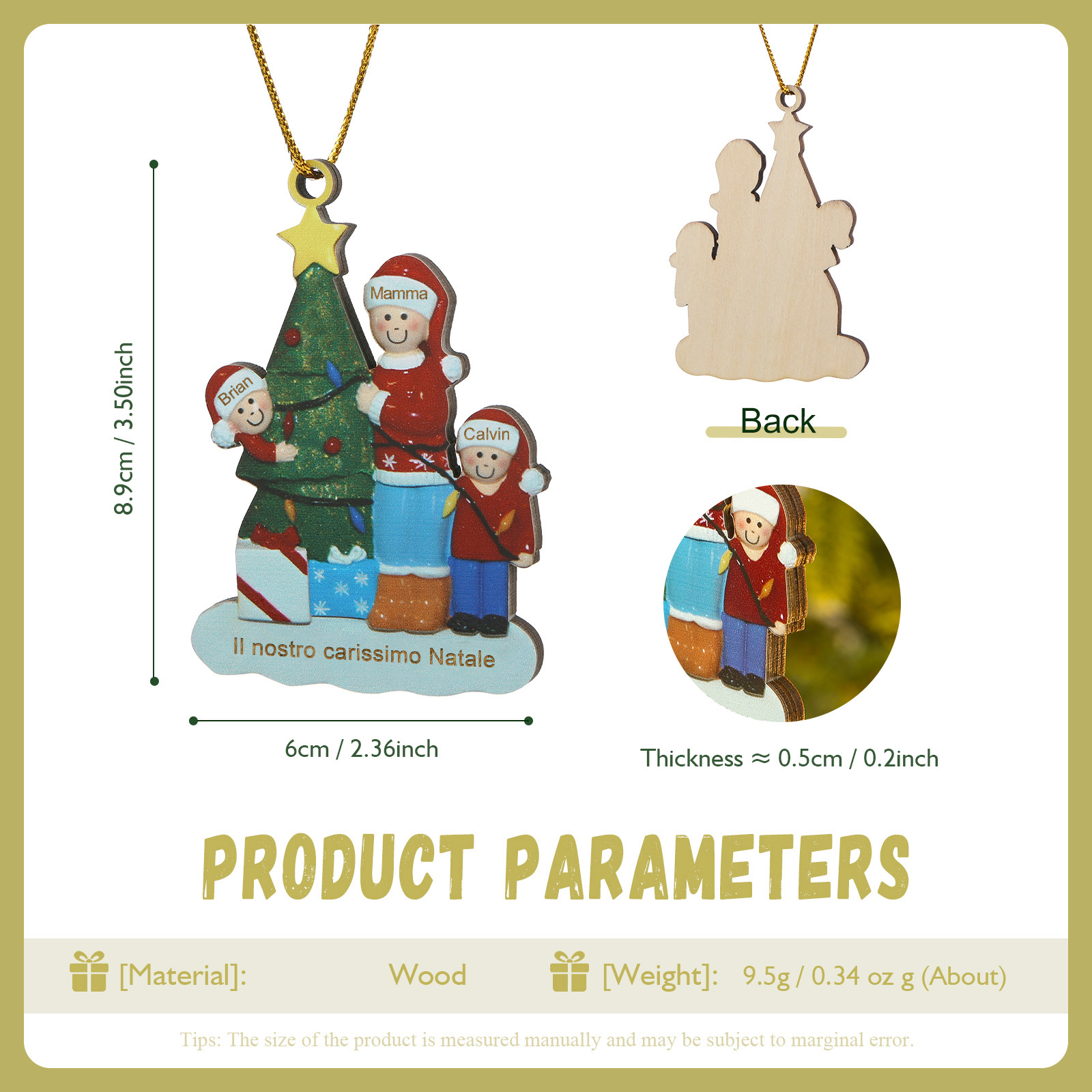 Pendente personalizzato per albero di Natale con 3 nomi e 1 Testo, mamma e bambini realizzato in legno | Jessmade