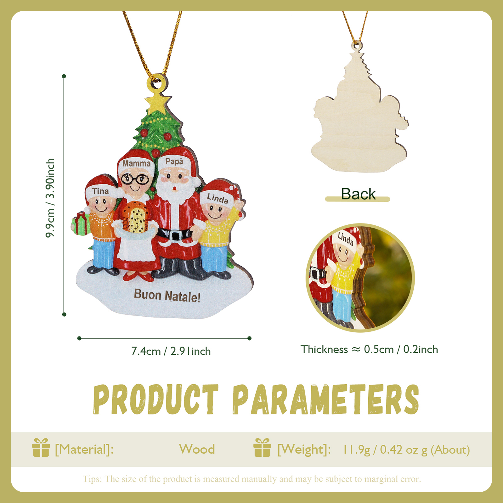 Ornamento Natalizio in Legno Personalizzato per Famiglia con 3-5 Nomi e 1 Testo, Regalo di Natale per la Famiglia | Jessemade