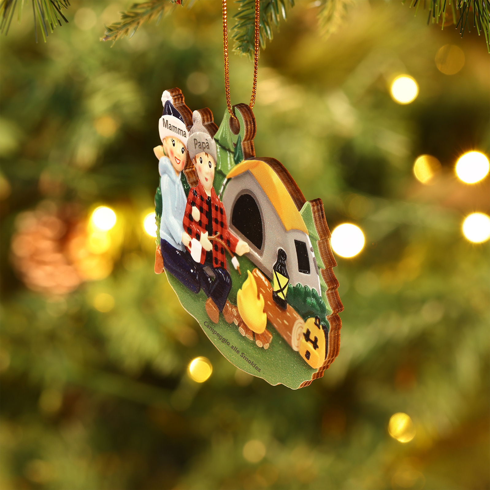 "Campeggio di famiglia" Pendente di Natale Personalizzato in legno per la famiglia 2 Nomi e 1 Testo personalizzati 