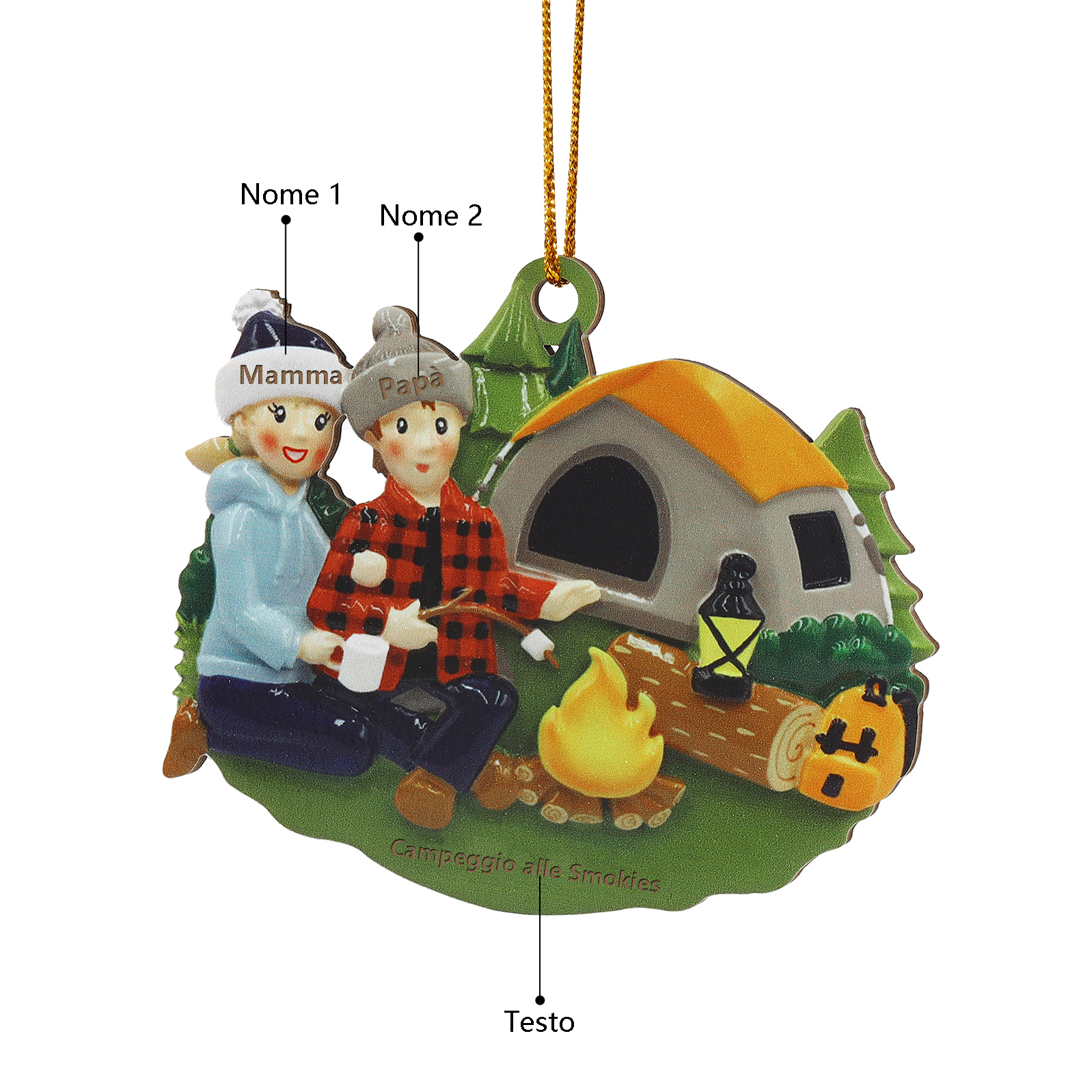"Campeggio di famiglia" Pendente di Natale Personalizzato in legno per la famiglia 2 Nomi e 1 Testo personalizzati 
