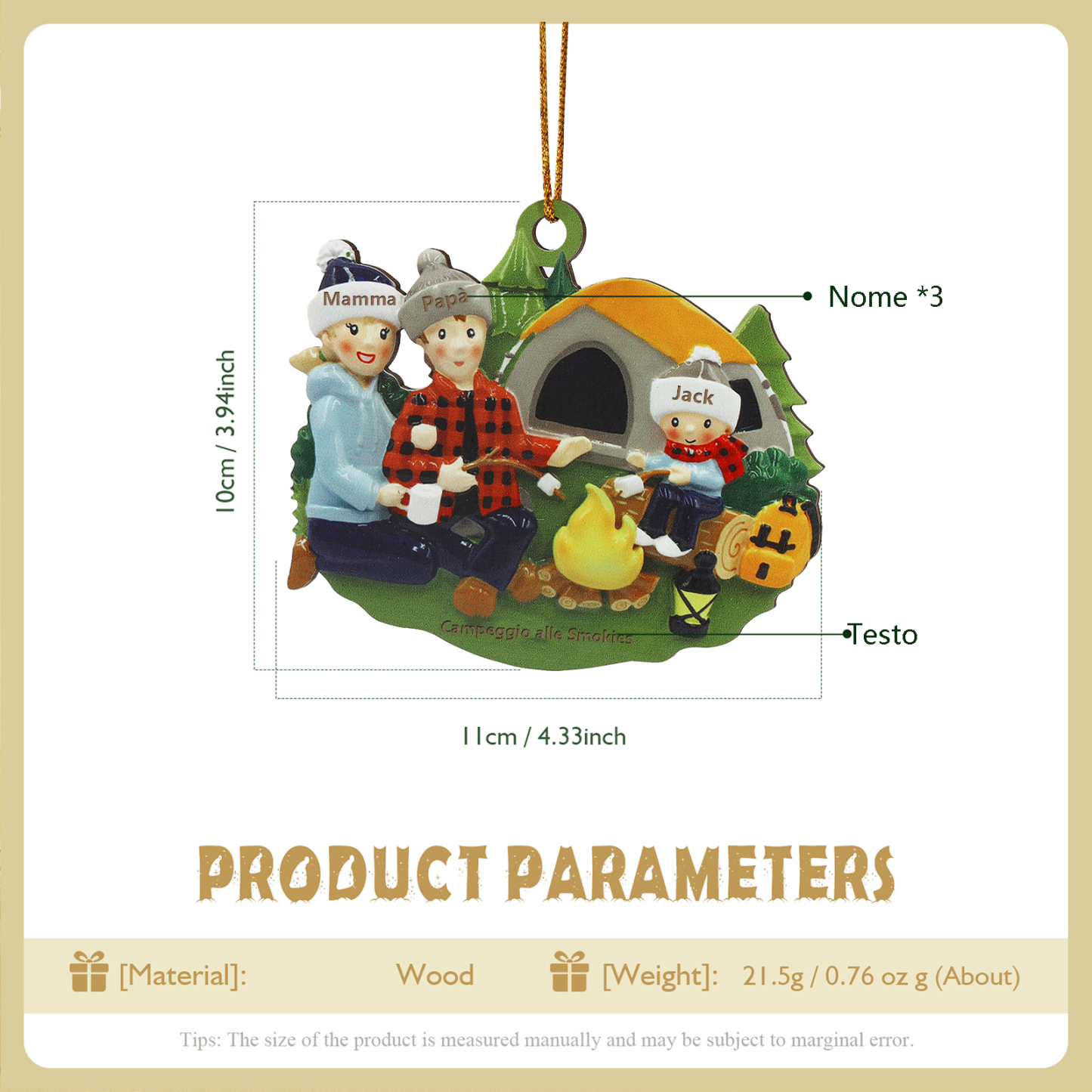 "Campeggio di famiglia" Pendente di Natale Personalizzato in legno per la famiglia 3 Nomi e 1 Testo personalizzati 