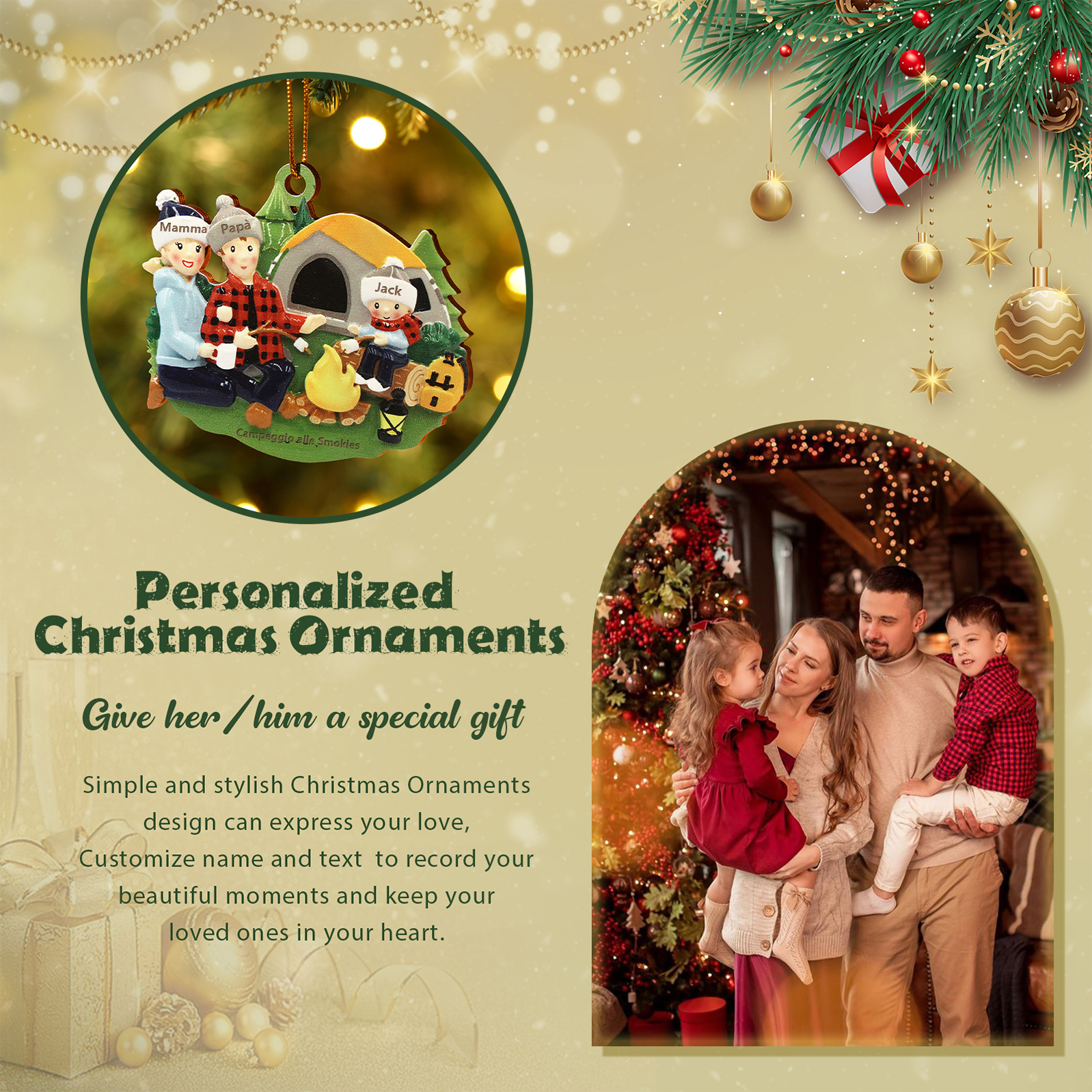 "Campeggio di famiglia" Pendente di Natale Personalizzato in legno per la famiglia 3 Nomi e 1 Testo personalizzati 