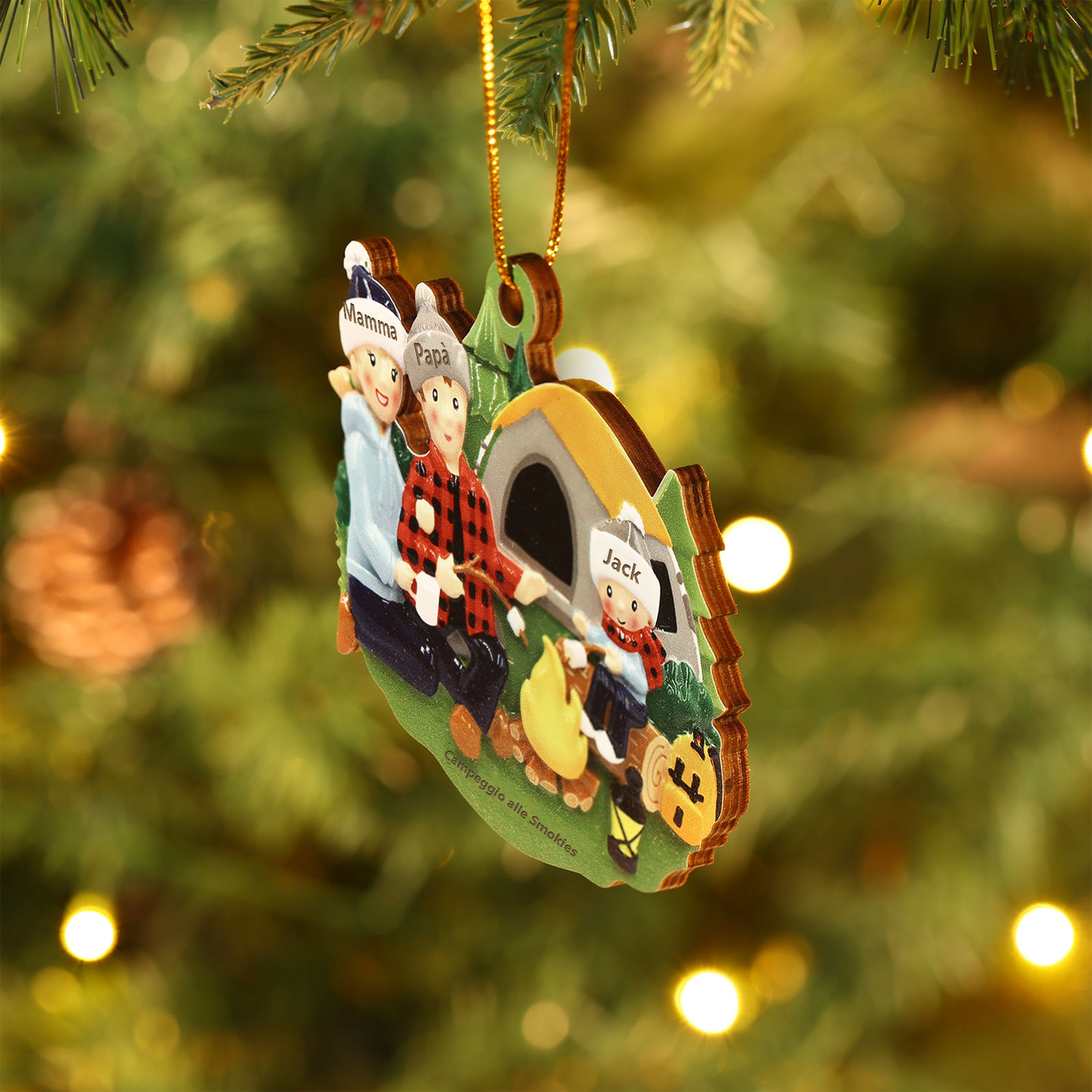"Campeggio di famiglia" Pendente di Natale Personalizzato in legno per la famiglia 3 Nomi e 1 Testo personalizzati 