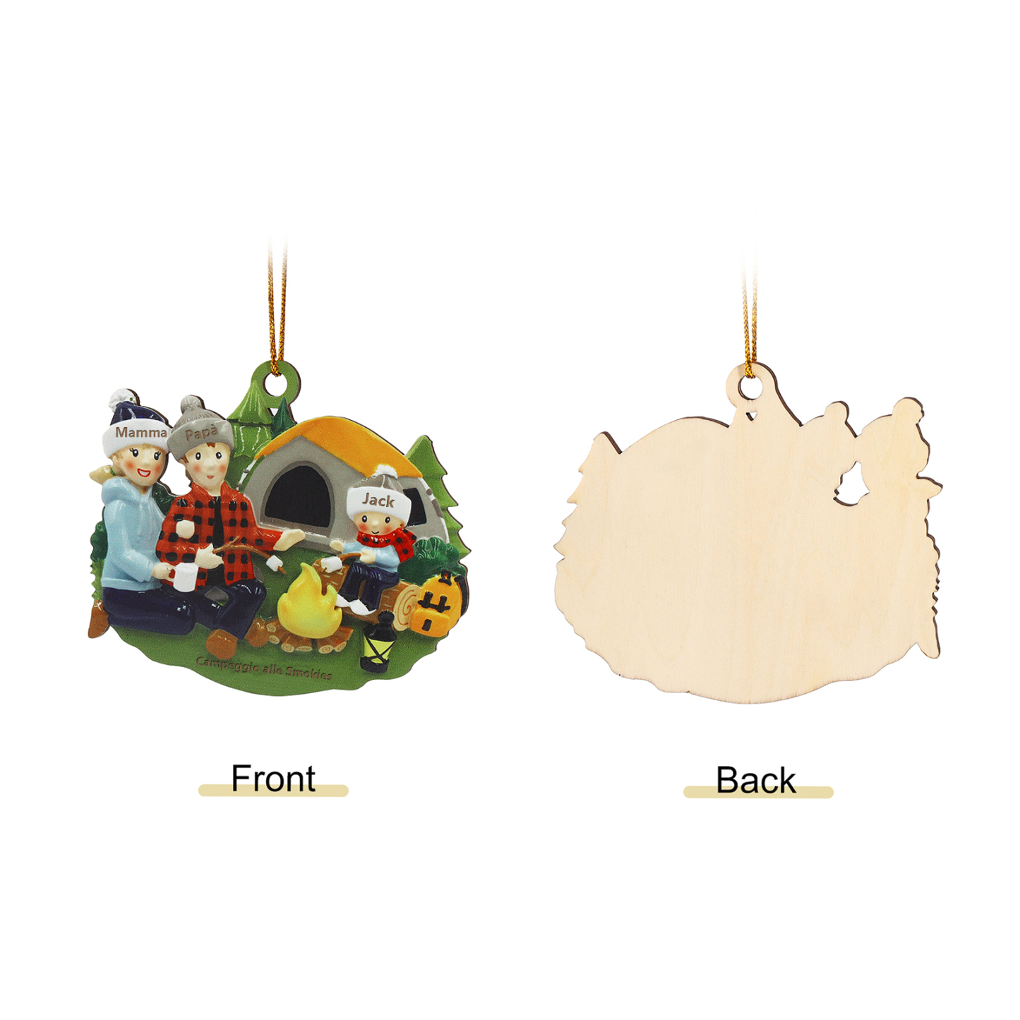 "Campeggio di famiglia" Pendente di Natale Personalizzato in legno per la famiglia 3 Nomi e 1 Testo personalizzati 