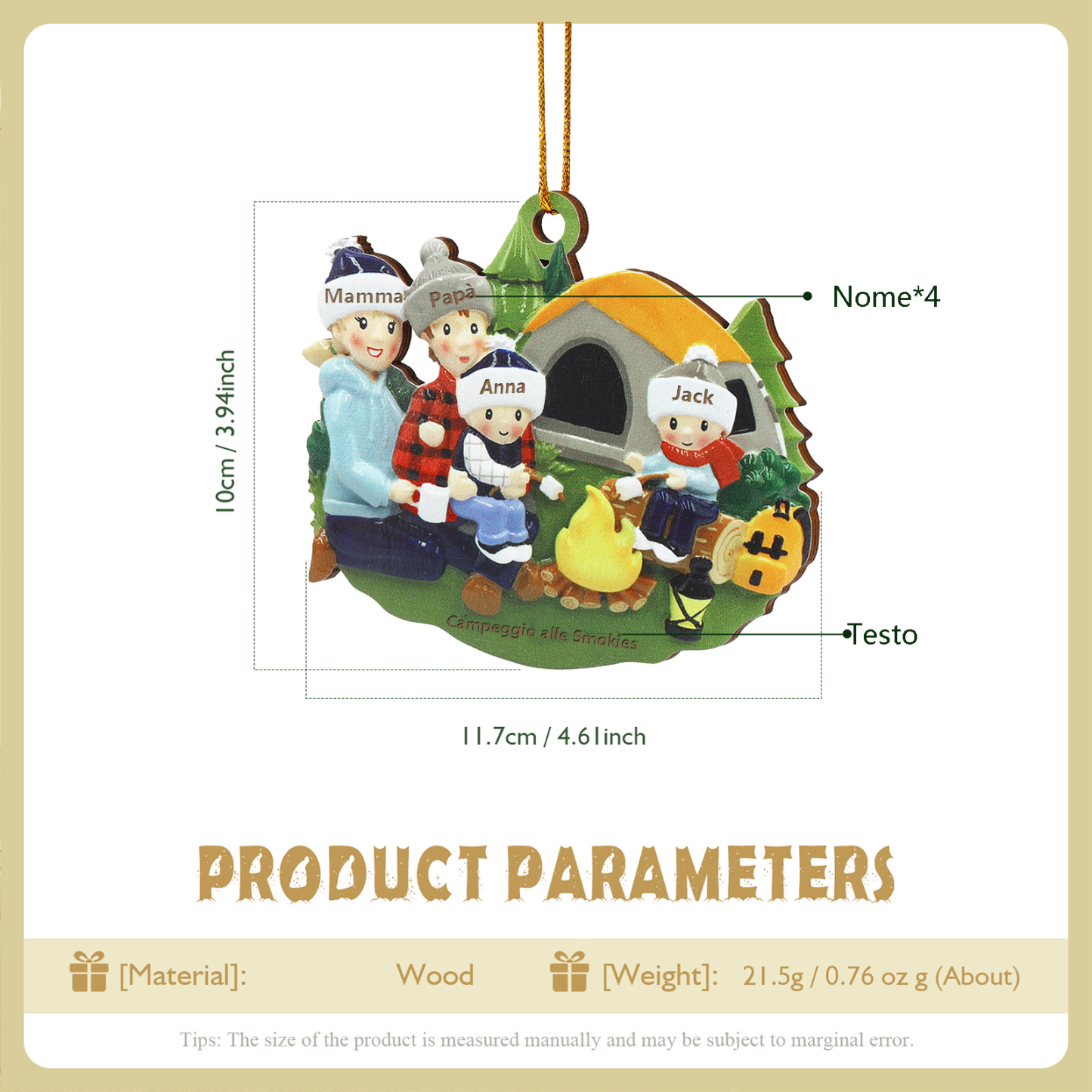 "Campeggio di famiglia" Pendente di Natale Personalizzato in legno per la famiglia 4 Nomi e 1 Testo personalizzati 
